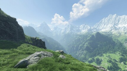 Fototapeta premium A panoramic view of a mountain range with snow-capped peaks and a valley with lush green grass and rocks in the foreground. The sky is clear and blue with some white clouds.