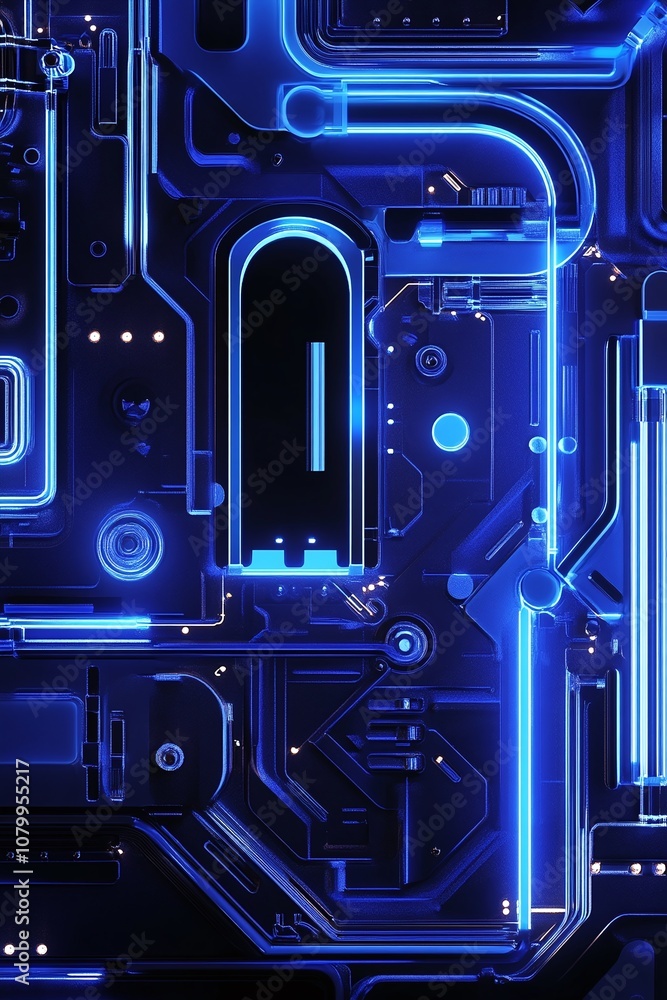 Poster futuristic digital circuit board design with glowing neon blue lines and abstract technology element
