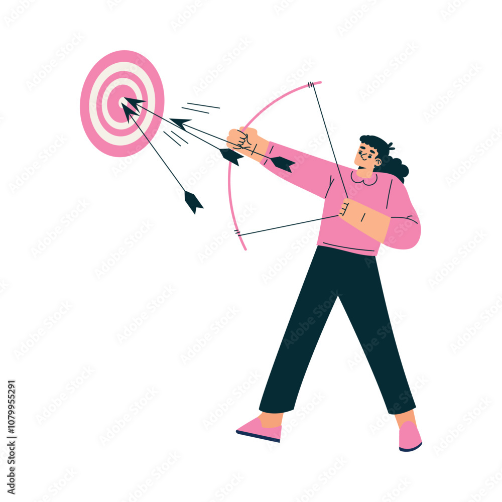 Aufkleber productive workflow with woman shooting arrow in dartboard managing task vector illustration