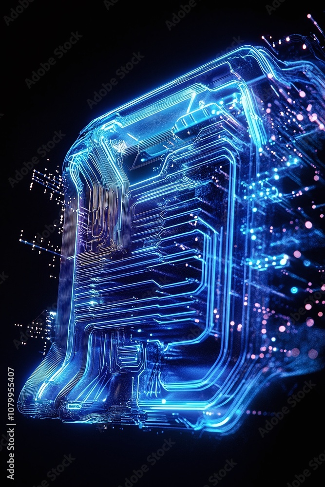 Poster Futuristic Digital Circuit Board with Glowing Blue Lines and Particles Depicting Advanced Technology and Innovation in a Modern Computing Environment