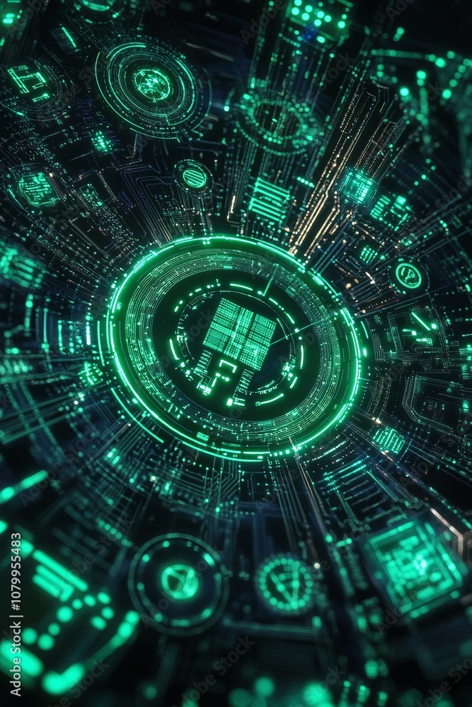 Poster futuristic digital circuitry with neon green elements showcasing advanced technology and data visual