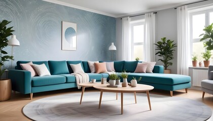 Fototapeta premium Scandinavian living room interior design zoom background,Doodle patterned wallpaper graphics