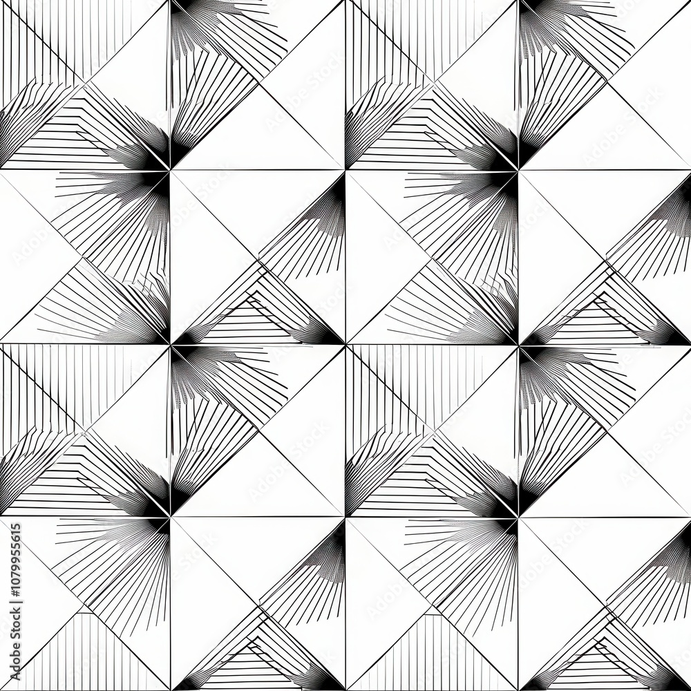 Poster geometric abstract pattern with linear design featuring black and white symmetry and intricate detai
