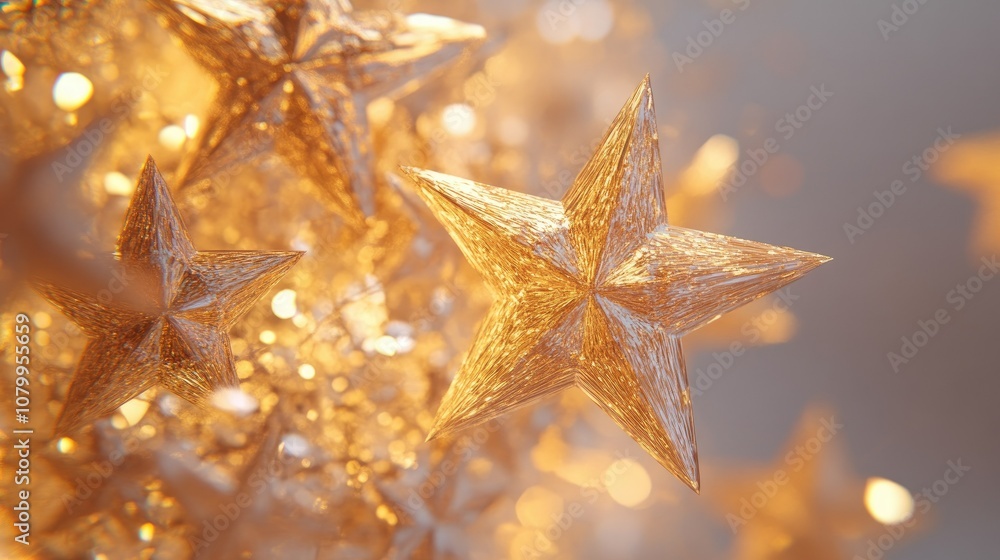 Poster shimmering golden stars with delicate texture illuminated by soft light, creating a warm and festive