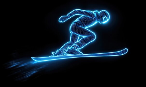 Futuristic 3D Rendering of a Freestyle Skier Jumping in Winter Outdoor Sports, Capturing the Dynamic Movement with Neon Color Trails Against a Dark Background. This High-Contrast Design Features Gloss