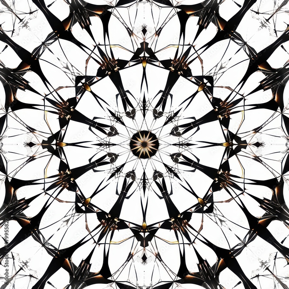 Poster intricate black and white geometric design featuring symmetrical patterns and radiating shapes for a