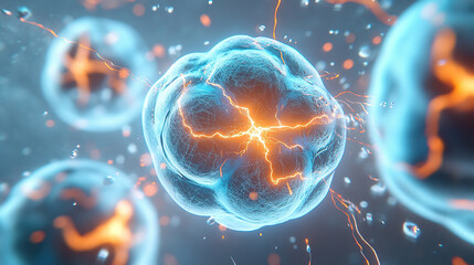 Fototapeta premium Three cell-like shapes with lightning and sparks, close-up of a blue background