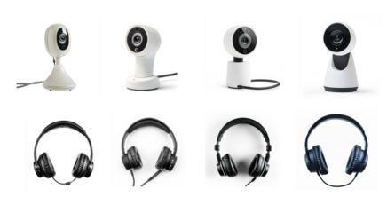 Collection of USB webcam with Office headset isolated on transparent background