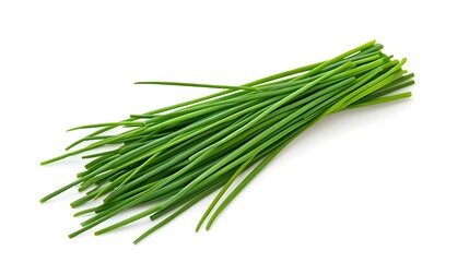 A bunch of fresh chives against a white background.