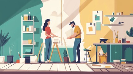 Young family couple doing renovations at home.