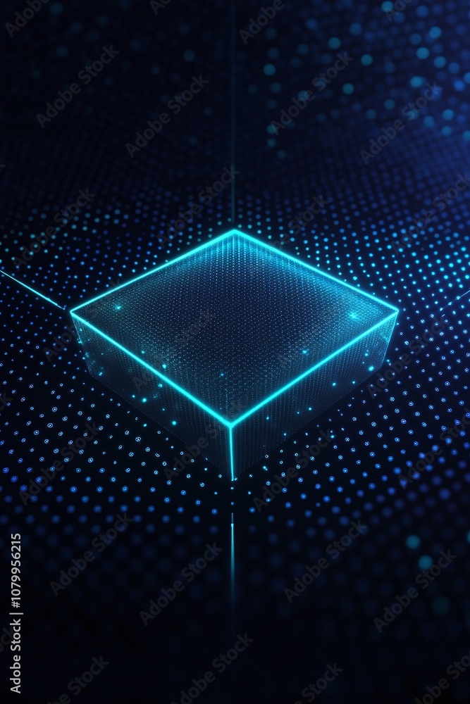 Poster futuristic digital interface with glowing blue square and abstract dots on a dark background for mod