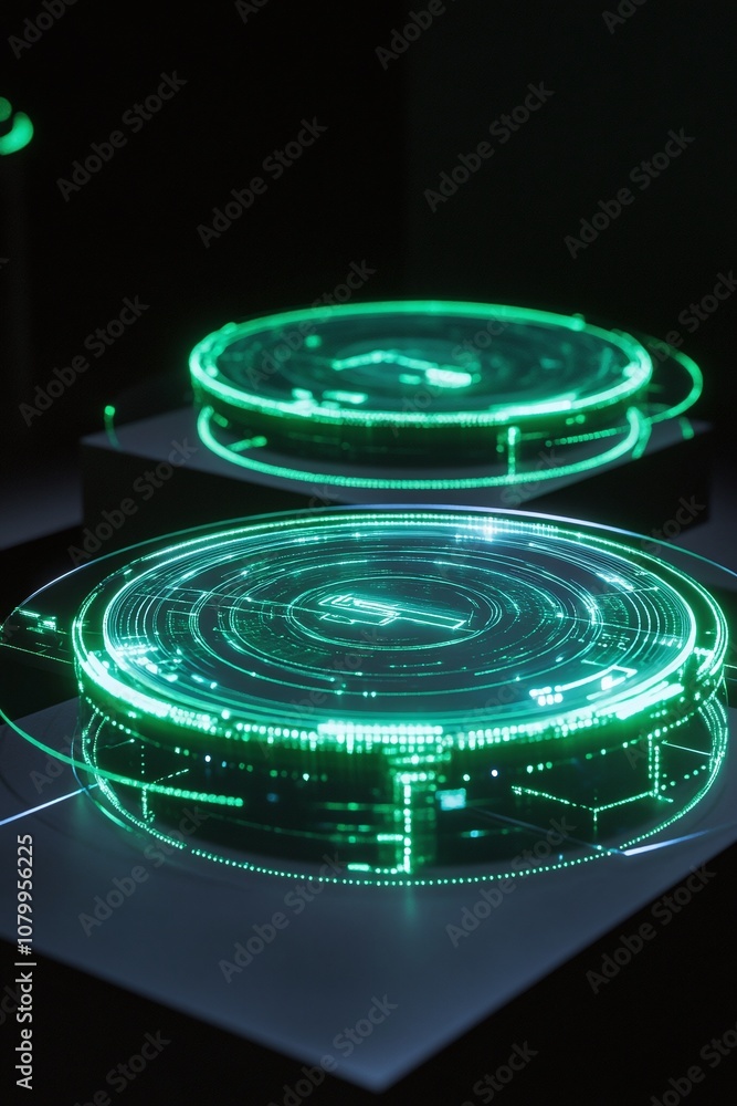 Poster futuristic digital interface displaying glossy circular elements with neon green light and abstract 