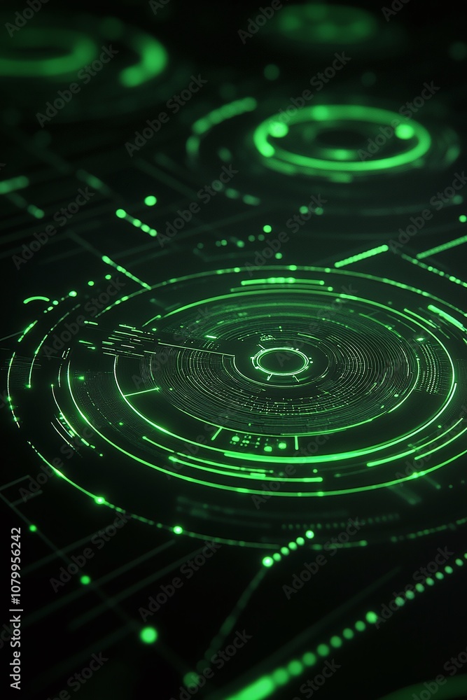 Poster futuristic digital interface with glowing green elements and circular patterns for technology concep