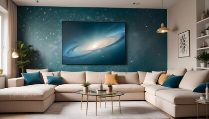 Scandinavian living room interior design zoom background,Doodle patterned wallpaper graphics