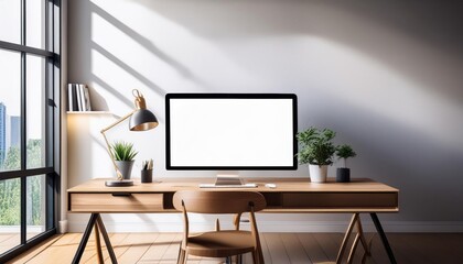 Modern Clean Office Workspace with Computer Screen Mockup and White Blank Screen