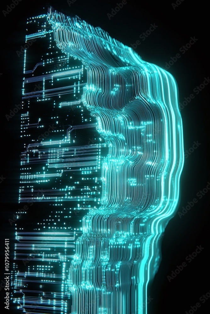Poster futuristic digital landscape with abstract circuit patterns illuminated in vibrant turquoise colors 