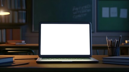 Fototapeta premium A blank laptop screen on a school desk in a classroom with chalkboards and textbooks, ideal for educational or study app previews. 
