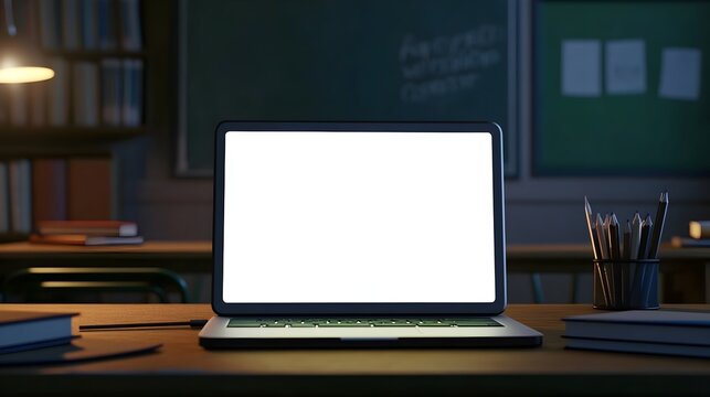A blank laptop screen on a school desk in a classroom with chalkboards and textbooks, ideal for educational or study app previews. 