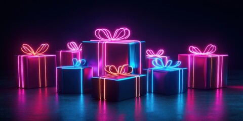 Glowing neon presents isolated in the dark background