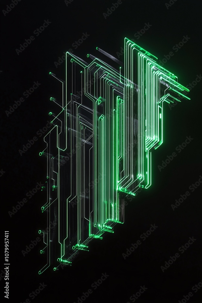 Poster futuristic green circuit board design displaying abstract connections and technological elements on 