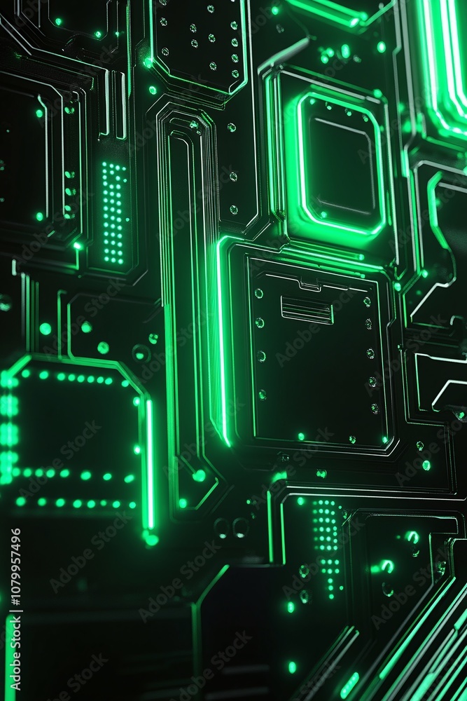 Poster futuristic green circuit board with illuminated lines and patterns, representing advanced technology
