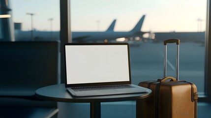 A blank laptop screen on a small caf&eacute; table in an airport with a suitcase beside it, perfect for travel or productivity app previews.