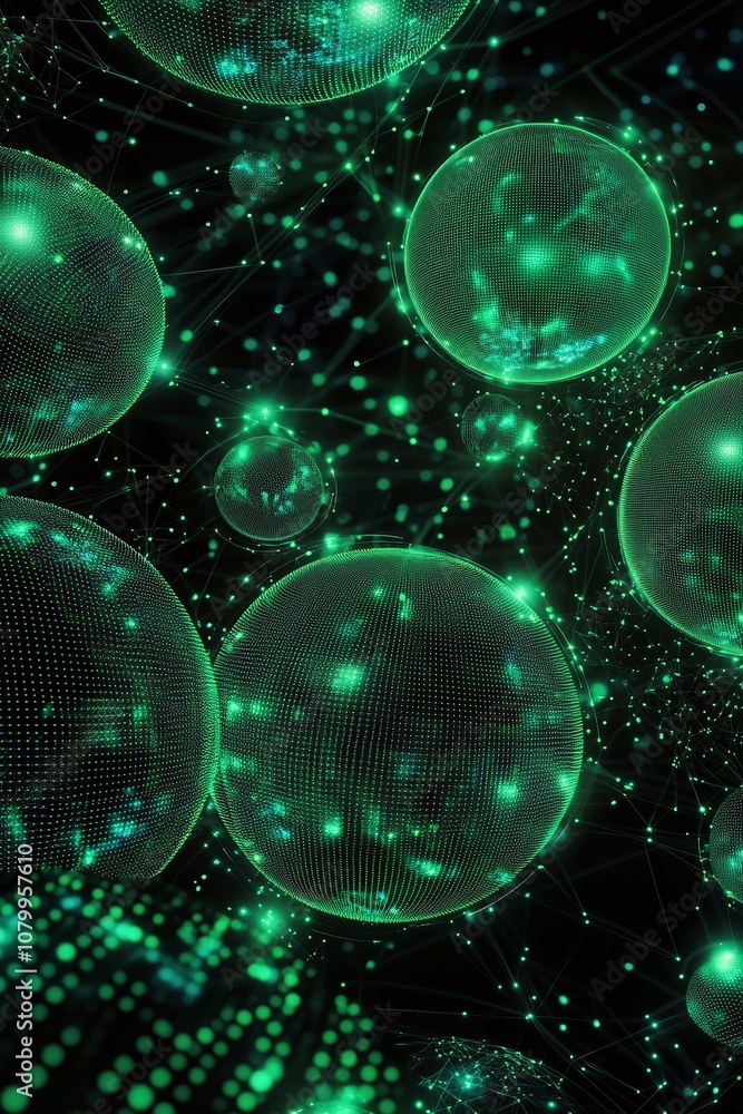 Poster Futuristic Green Digital Background with Glowing Spheres and Connecting Lines Representing Data Network and Technology in Abstract Visualization