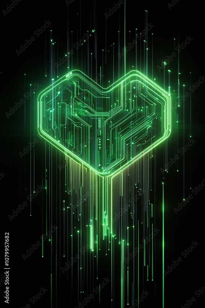Poster futuristic green heart design with circuit patterns and digital effect, ideal for technology and inn
