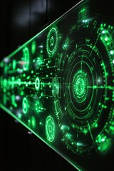 Obraz premium Futuristic Green Digital Interface with Complex Patterns and Circuits Displaying Technological Data and Information on a Dark Background