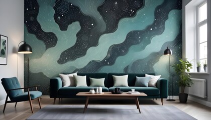 Scandinavian living room interior design zoom background,Doodle patterned wallpaper graphics
