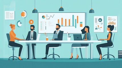 Business Professionals Working at a Table with Data Charts and Graphs in a Modern Office Setting