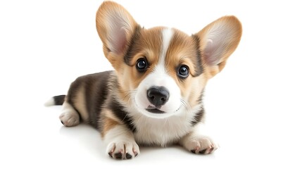 Obraz premium A small, light brown and white puppy is sitting.