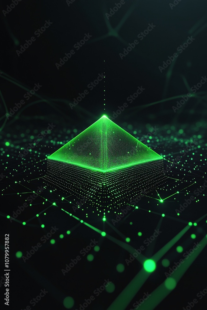 Poster futuristic green pyramid forming in a digital environment with connected dots and lines representing