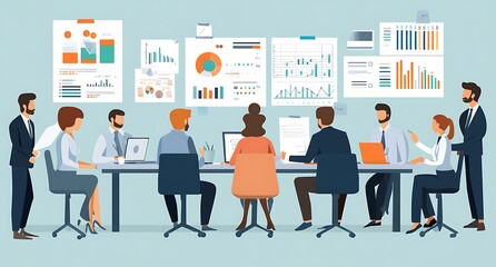 Business professionals gathered around a table with data charts displayed on the wall.