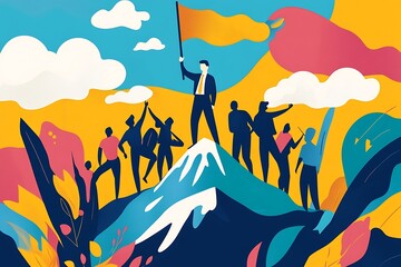 A team of people reaching the peak of a mountain with a flag