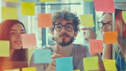 Three People Collaborating on a Project Using Sticky Notes