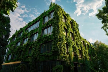 Green energy in the city  modern building covered with spruce forest