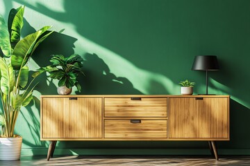 Wooden Cabinet with Green Wall and Plants