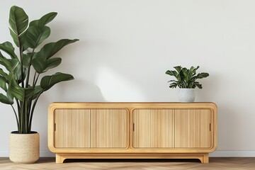Wooden Cabinet with Two Green Plants in a Minimalist Interior