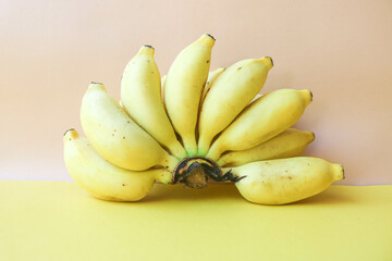 Fresh ripe baby banana isolated on yellow background. One row of yellow ripe bananas