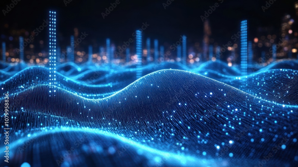 Poster abstract digital landscape with glowing blue waves and data points.
