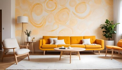 Scandinavian living room interior design zoom background,Doodle patterned wallpaper graphics