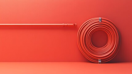 Red Cable Coiled on a Red Wall with a Red Bar