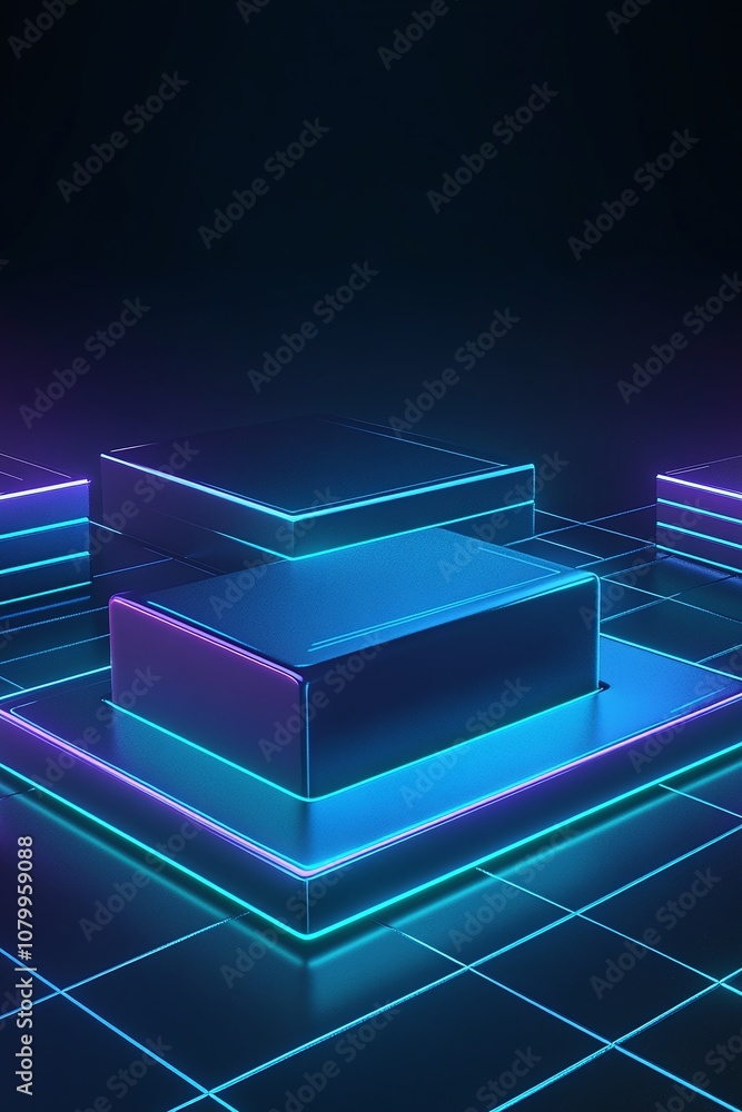 Poster futuristic neon light display of geometric shapes on a dark background featuring glowing edges and r