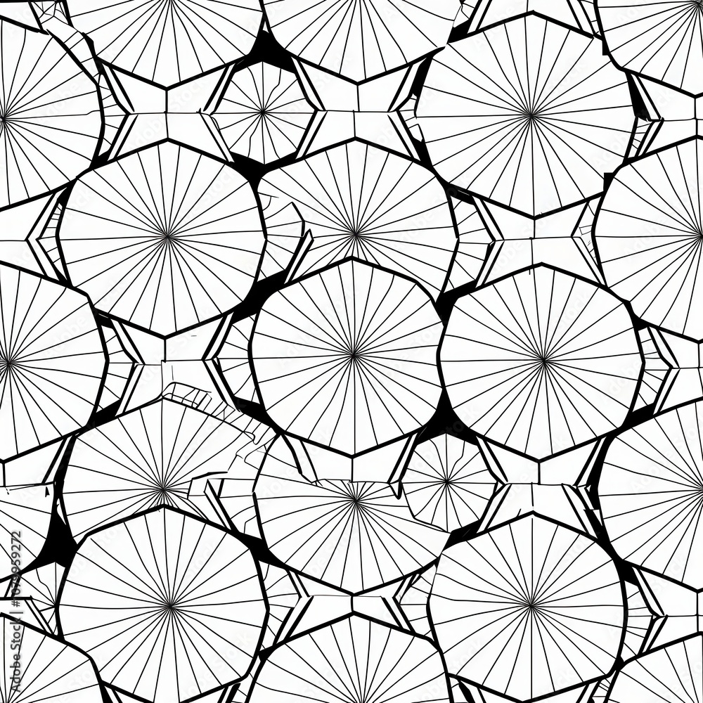 Poster intricate black and white geometric pattern featuring interlocking circular shapes with detailed lin