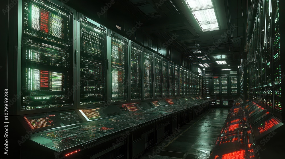 Poster high-tech server room with illuminated control panels and data displays.