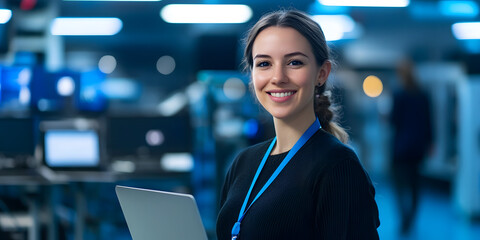 A focused, confident and generous female technician/worker, smiling and looking towards the camera. Business, poster, scientist, technician, expert, programmer, woman, lab, background, wallpaper