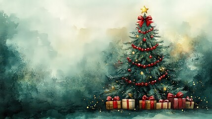 Illustration with Spruce and gift boxes for Holiday Greeting Cards and New Year Invitations.