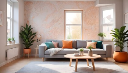 Scandinavian living room interior design zoom background,Doodle patterned wallpaper graphics