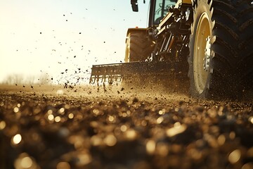 Tractor Tilling Soil with Dust and Sunlight